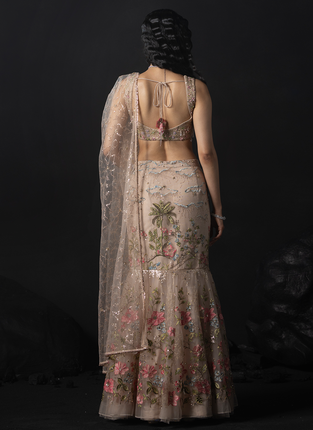 Soft Taupe Embroidered Net Mermaid Lehenga