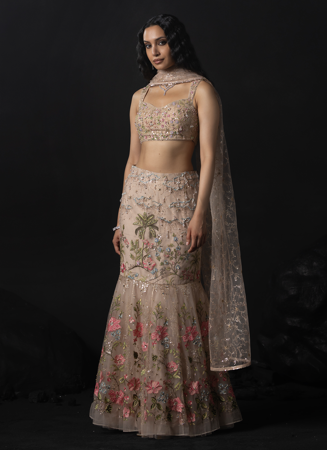 Soft Taupe Embroidered Net Mermaid Lehenga