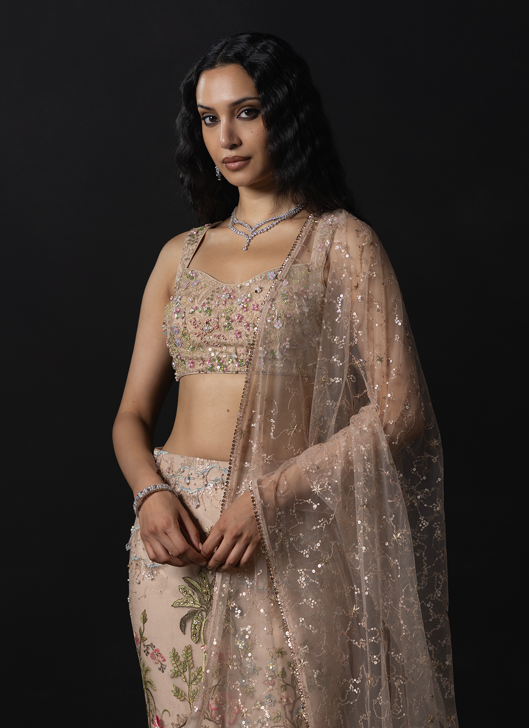 Soft Taupe Embroidered Net Mermaid Lehenga