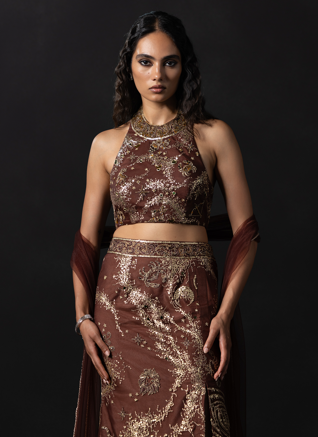 Rust Embroidered Net Lehenga