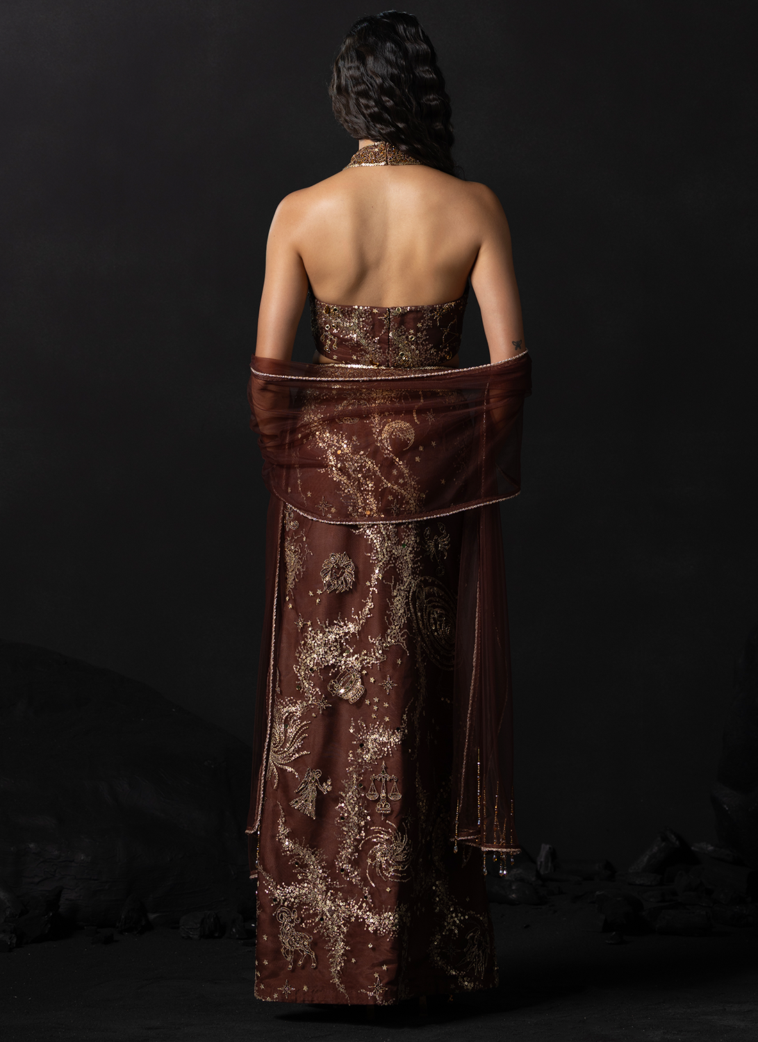Rust Embroidered Net Lehenga