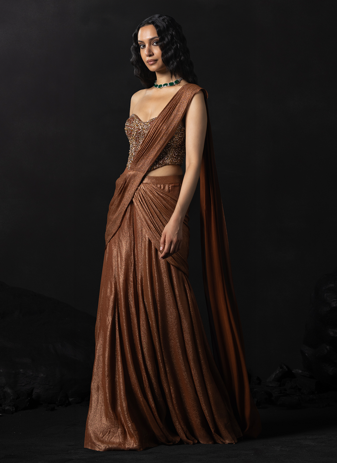 Rust Brown Embroidered Georgette Saree