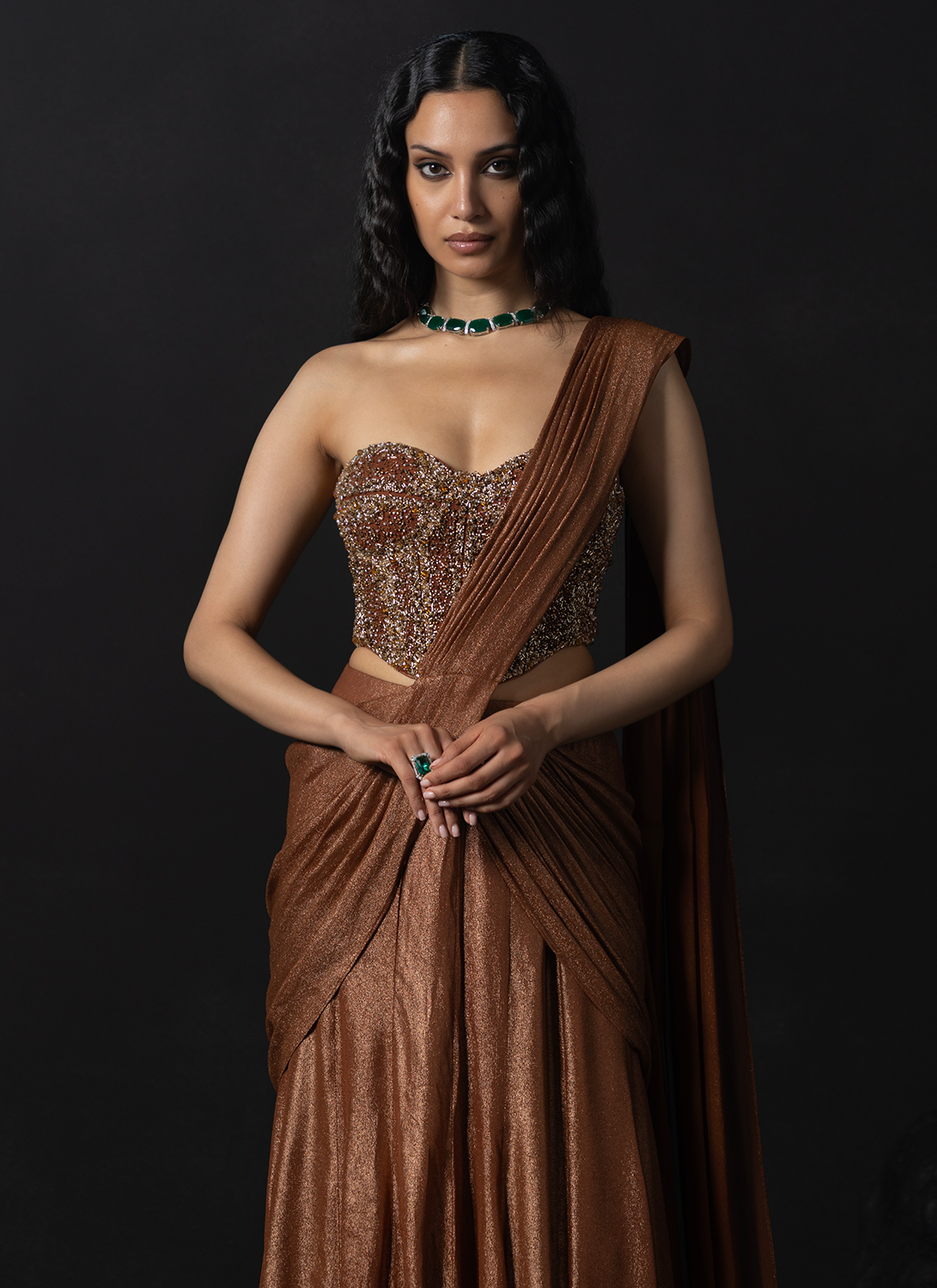 Rust Brown Embroidered Georgette Saree