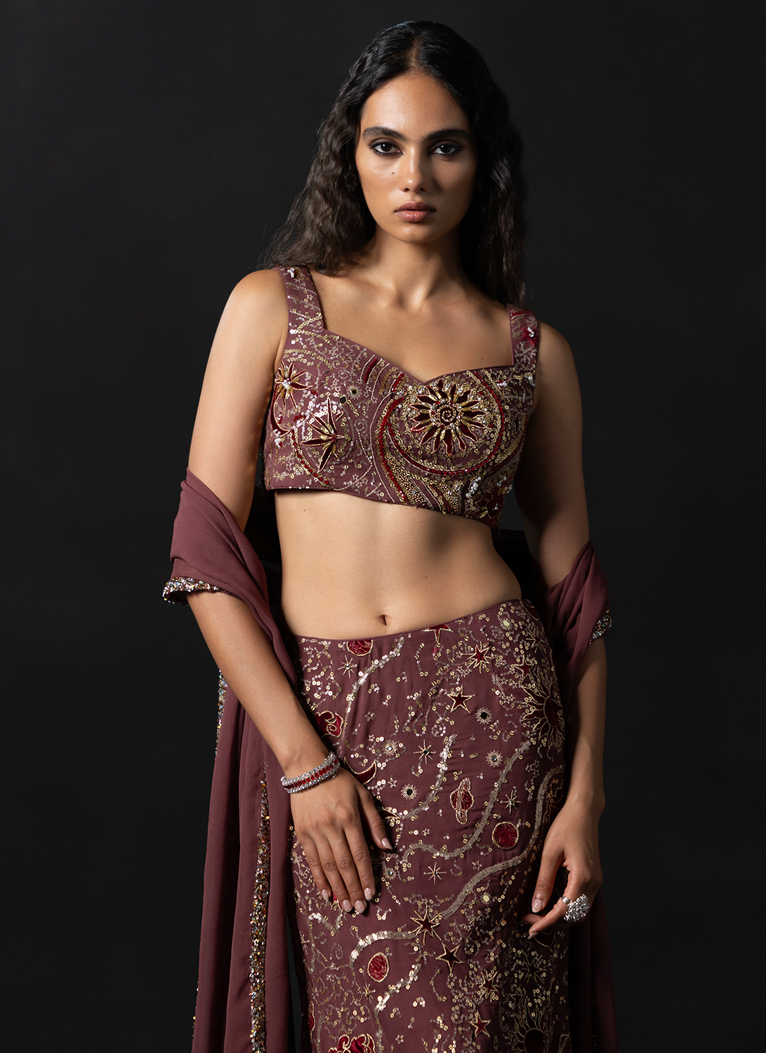 Deep Mauve Embroidered Georgette Lehenga