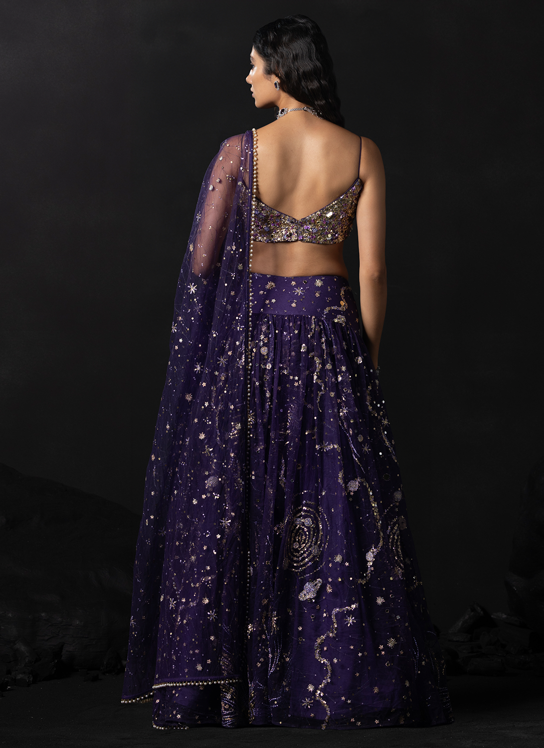 Purple Embroidered Shimmer Net Lehenga