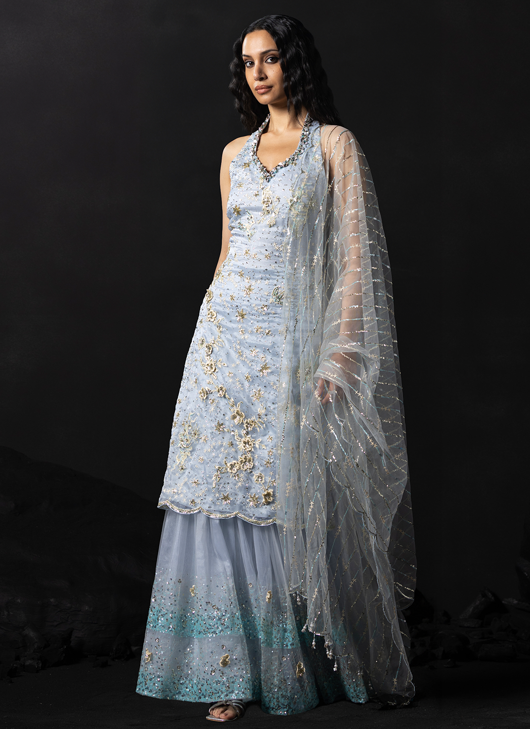 Dusty Blue Embroidered Organza Sharara
