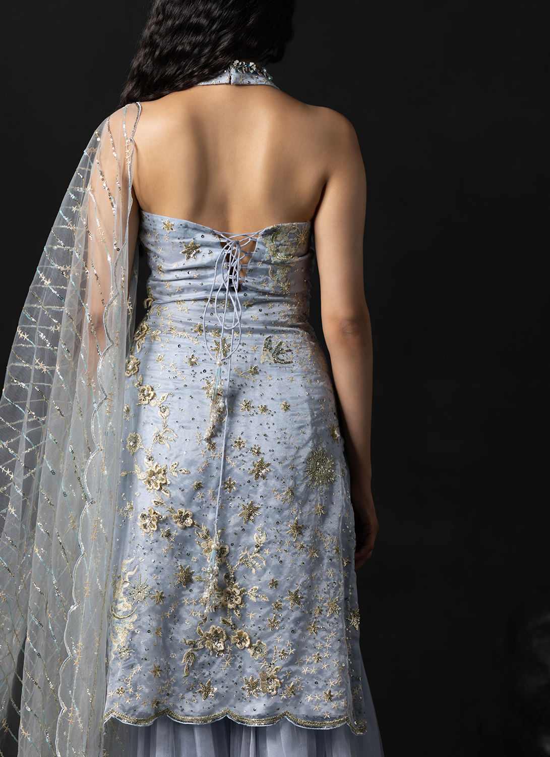Dusty Blue Embroidered Organza Sharara