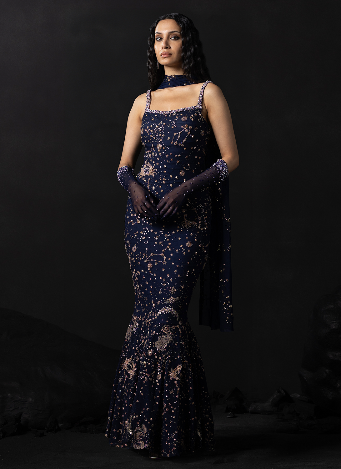 Navy Blue Celestial Zodiac Mermaid Gown