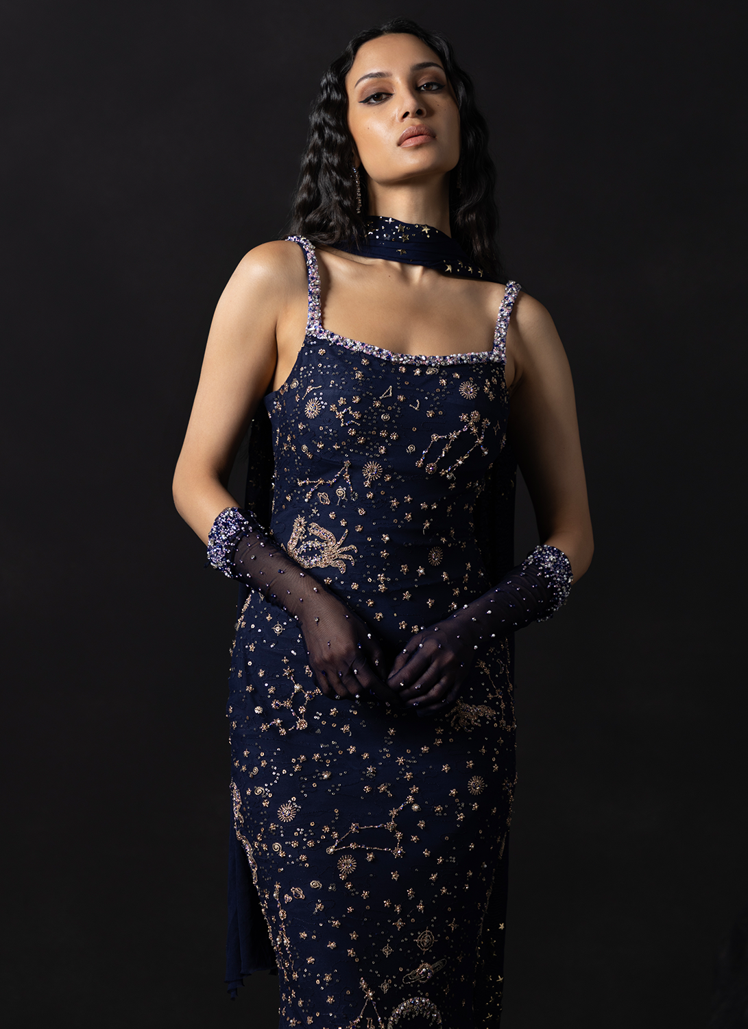 Navy Blue Celestial Zodiac Mermaid Gown