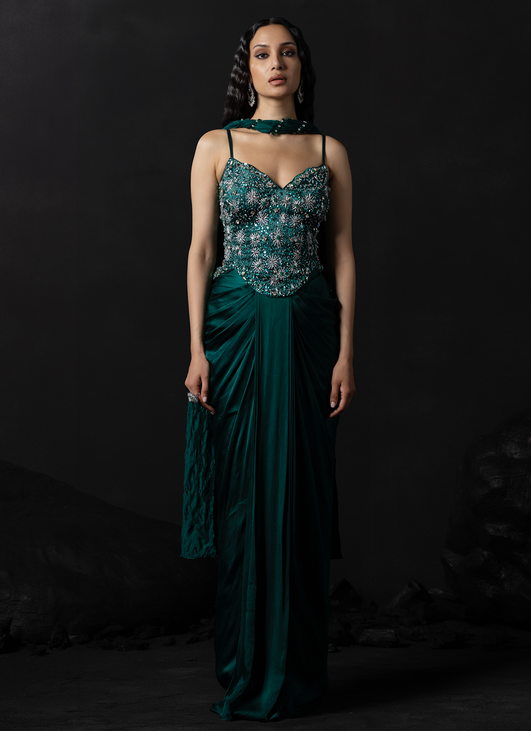 Emerald Green Embroidered Satin Anarkali Gown