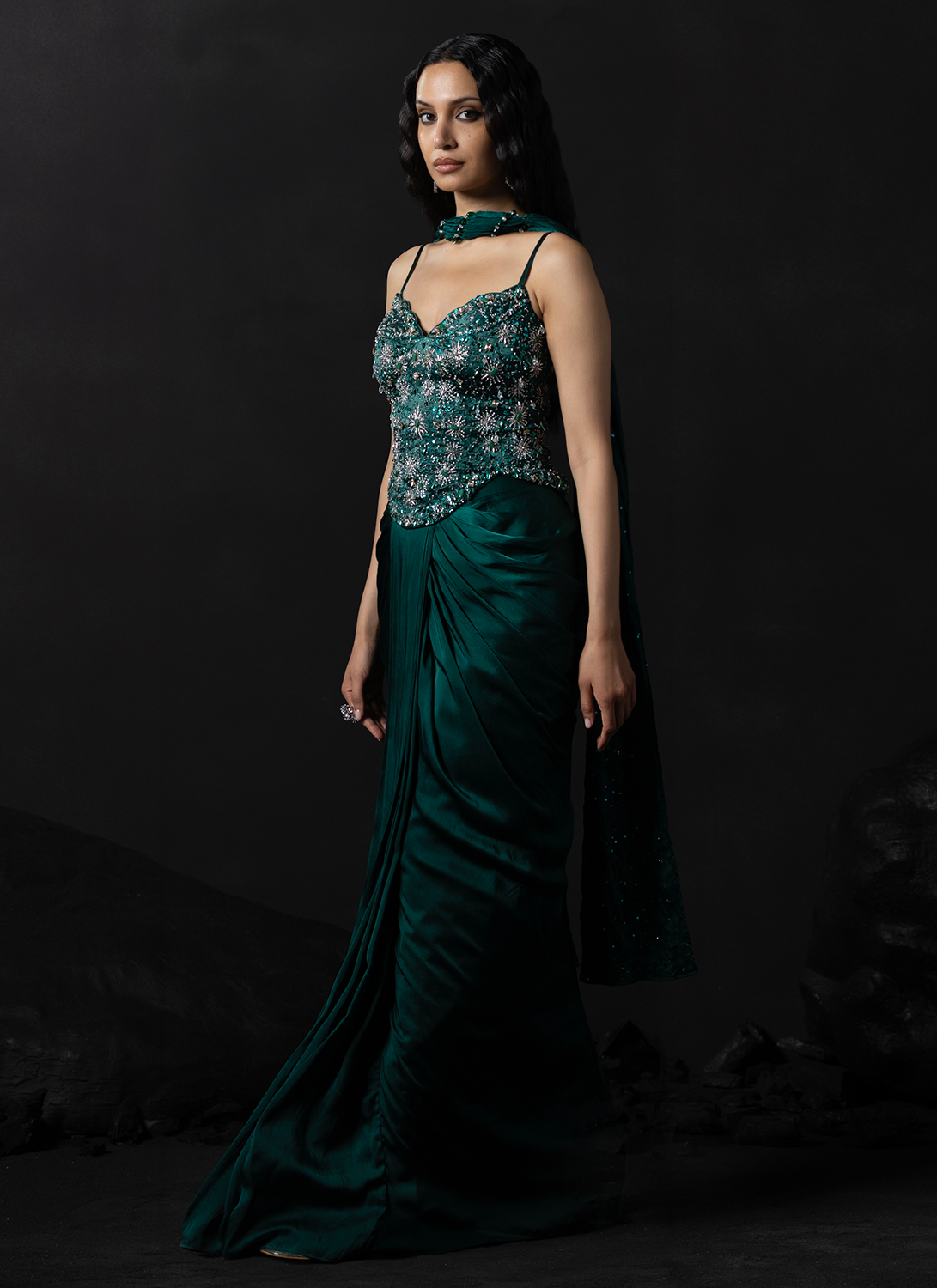 Emerald Green Embroidered Satin Anarkali Gown