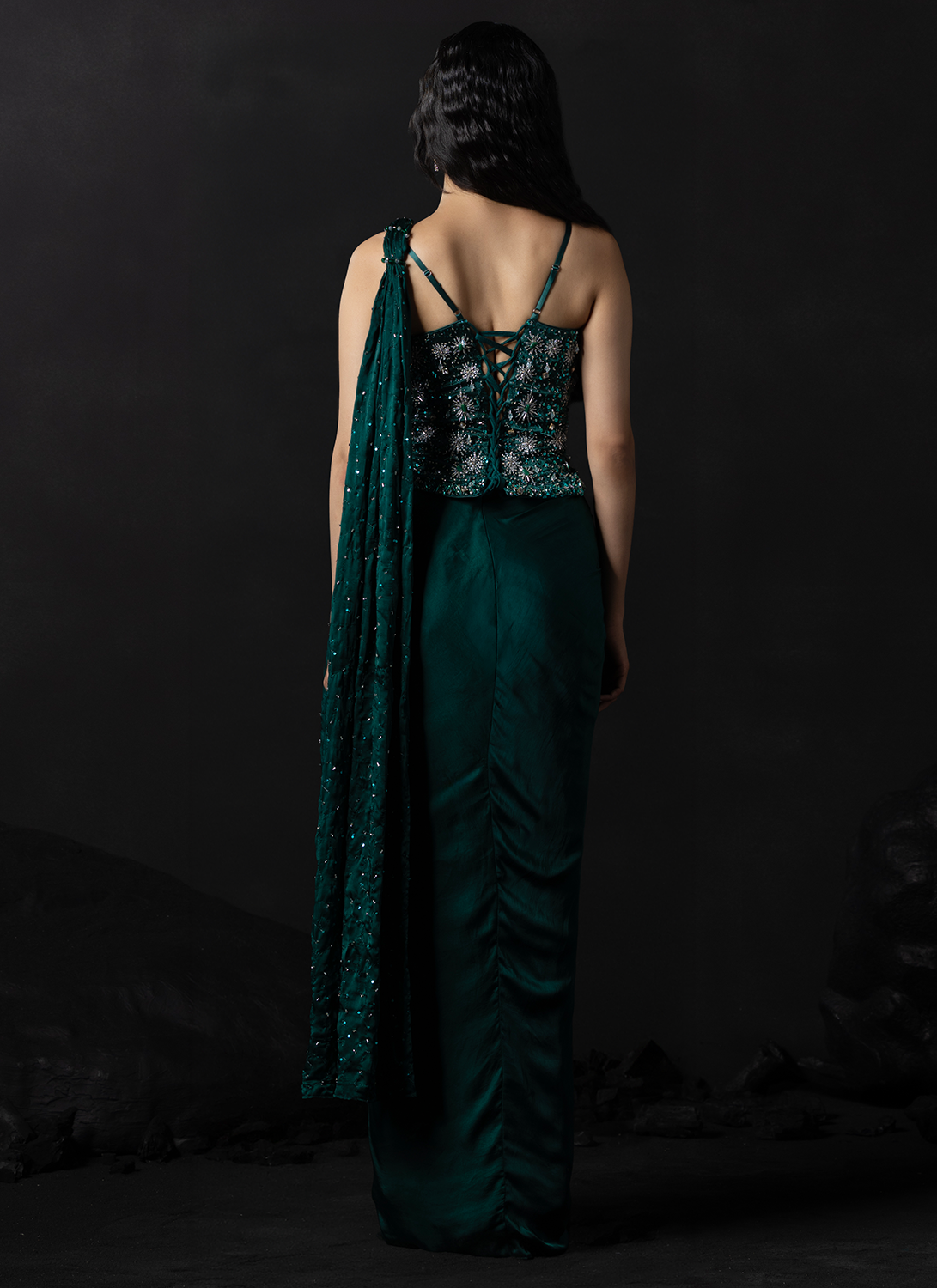 Emerald Green Embroidered Satin Anarkali Gown