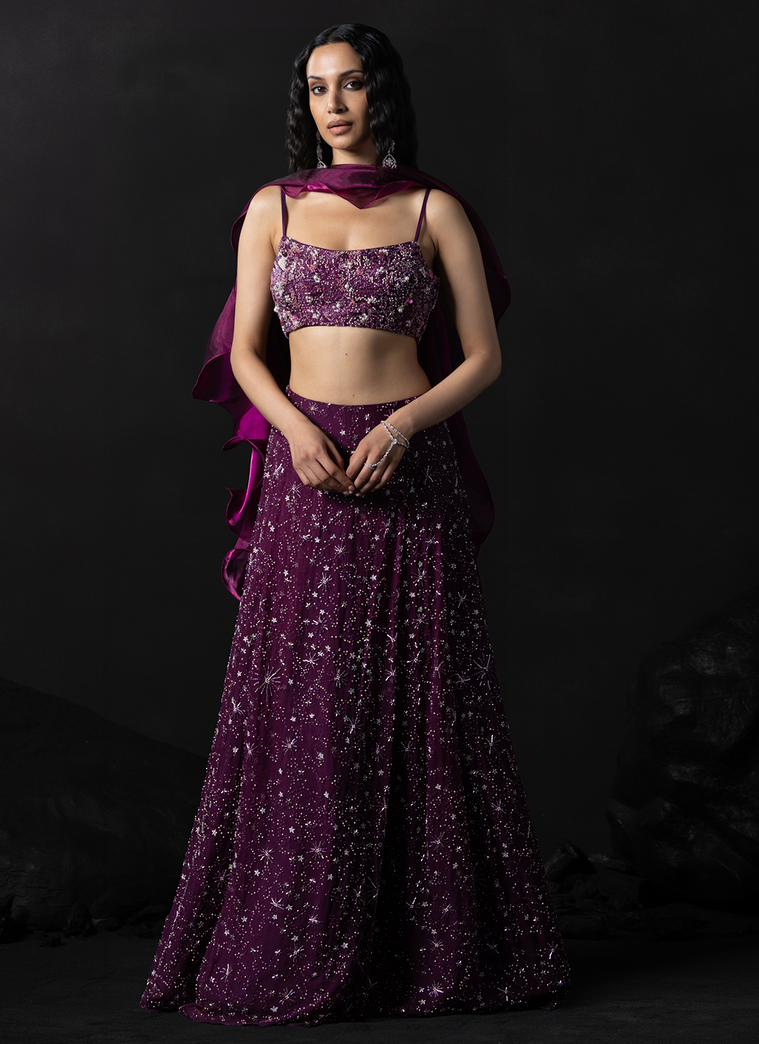 Deep Magenta Embroidered Organza Lehenga
