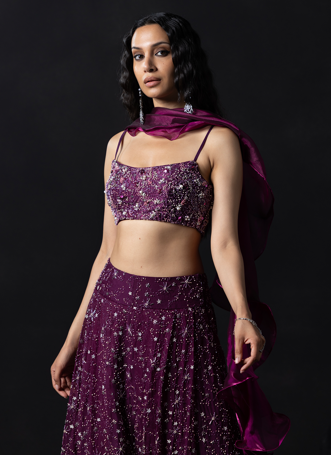 Deep Magenta Embroidered Organza Lehenga