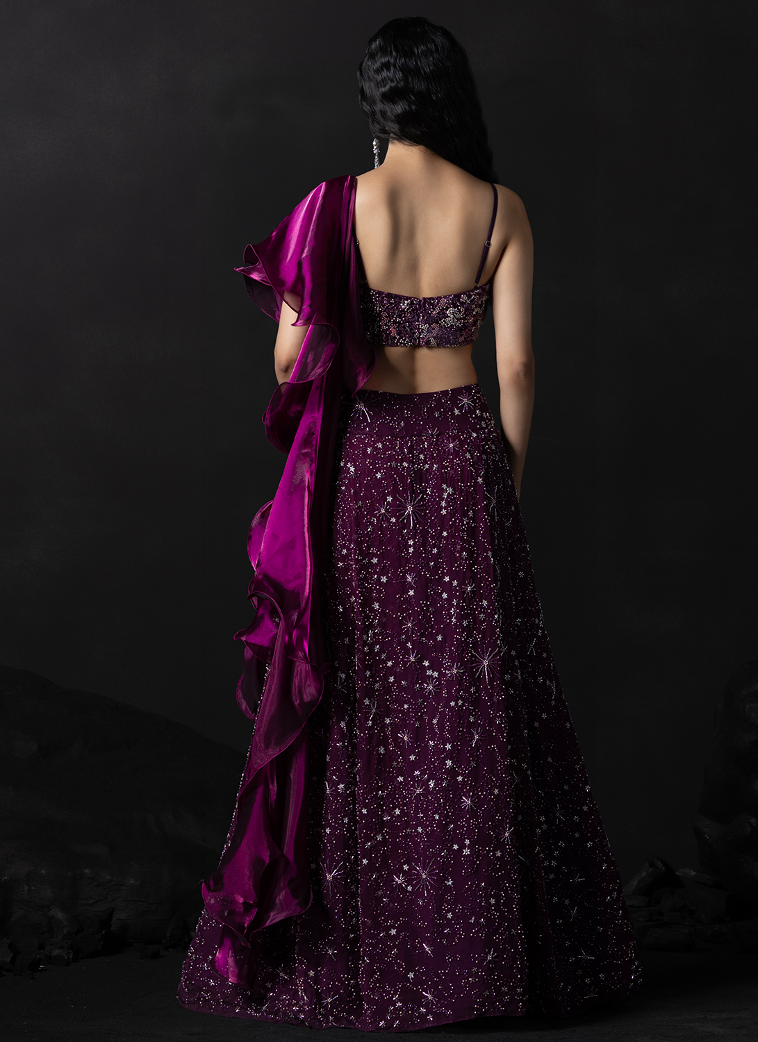 Deep Magenta Embroidered Organza Lehenga