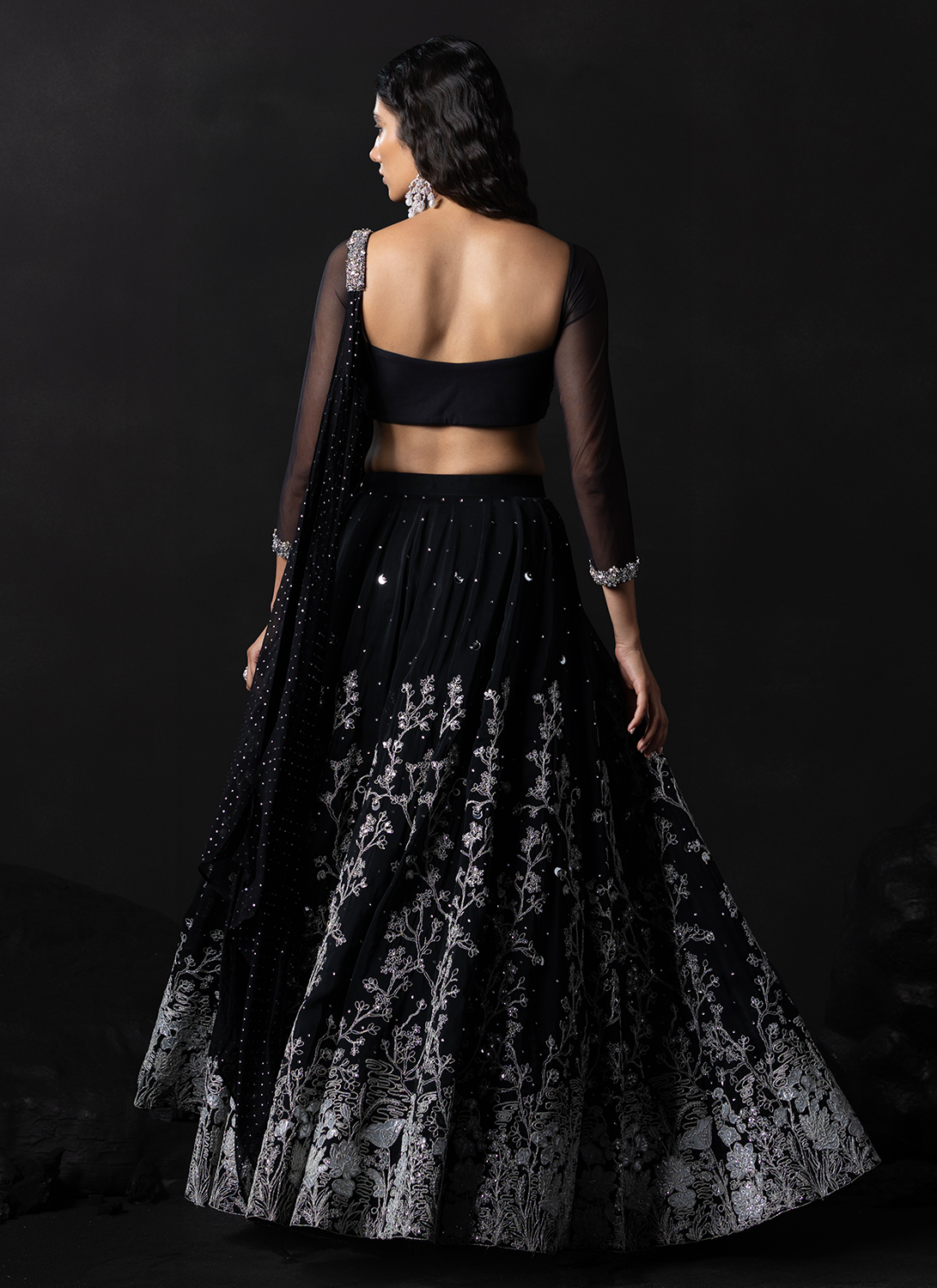 Black Embroidered Net Lehenga