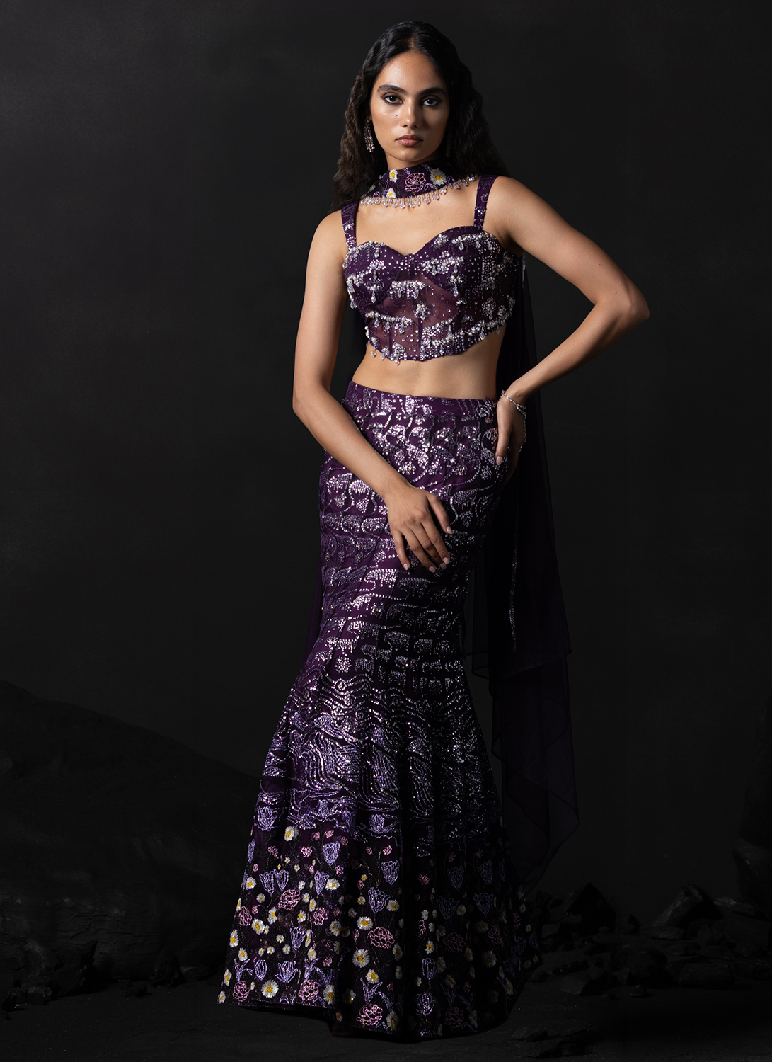Wine Embroidered Net Lehenga