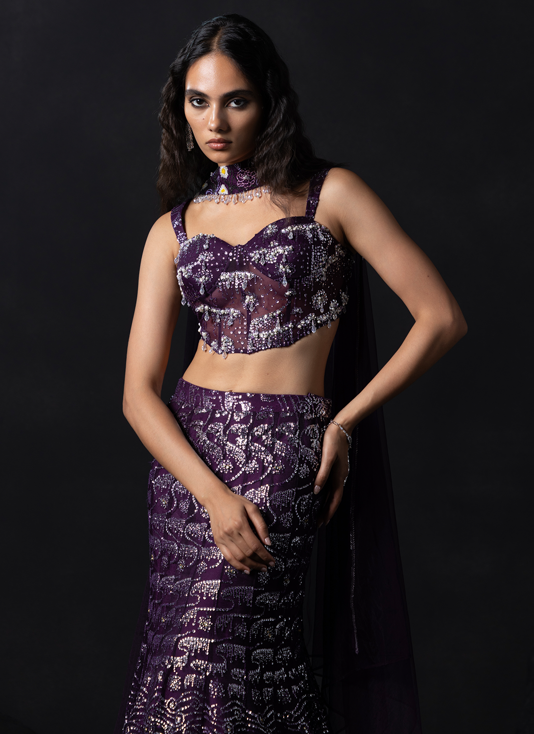 Wine Embroidered Net Lehenga