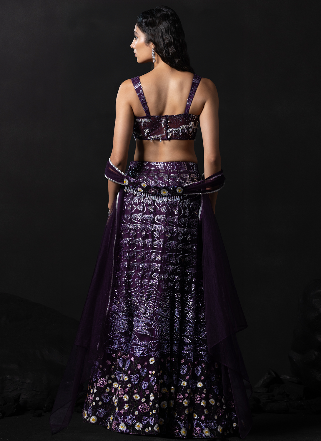 Wine Embroidered Net Lehenga