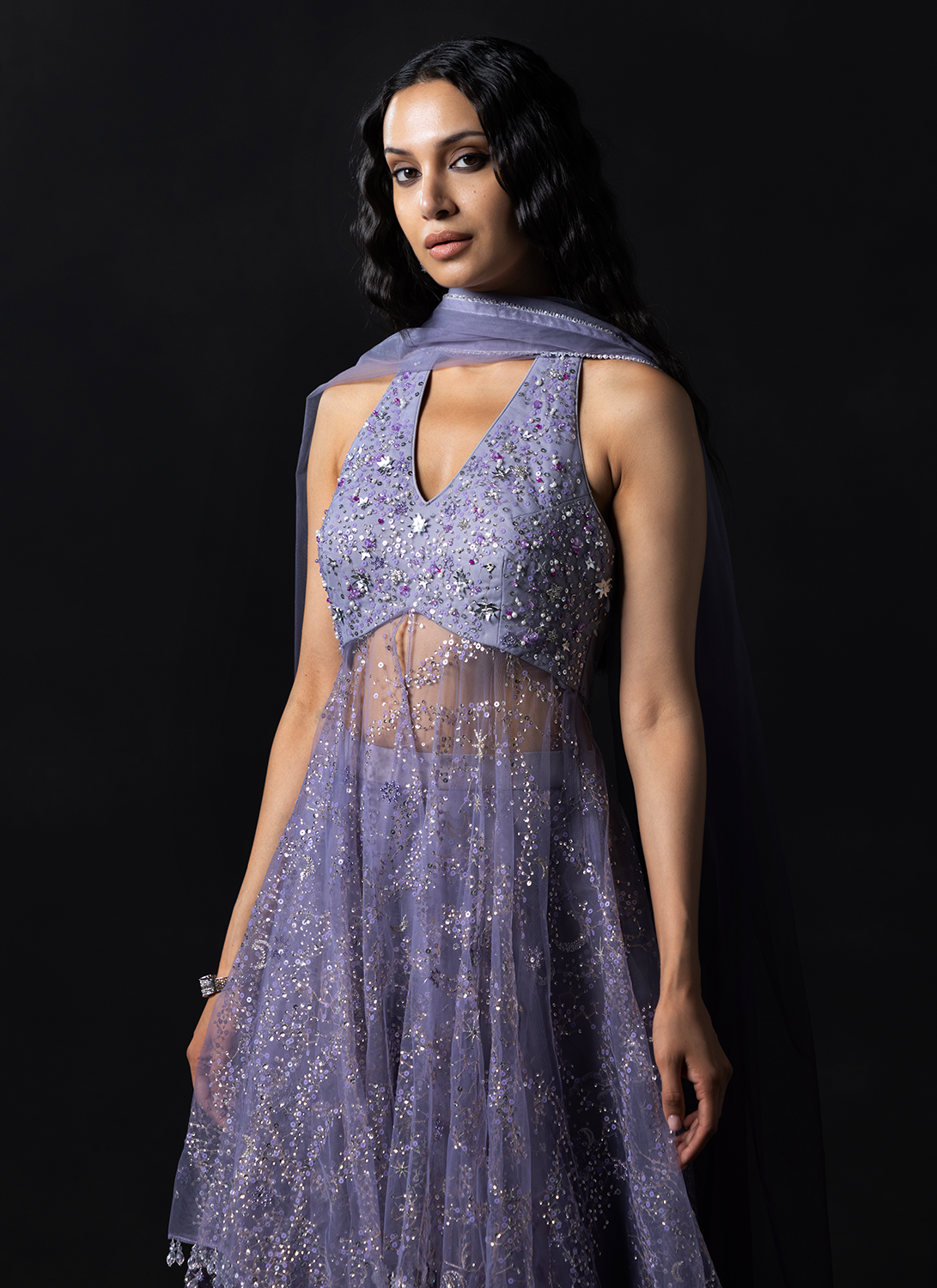 Purple Embroidered Net Sharara