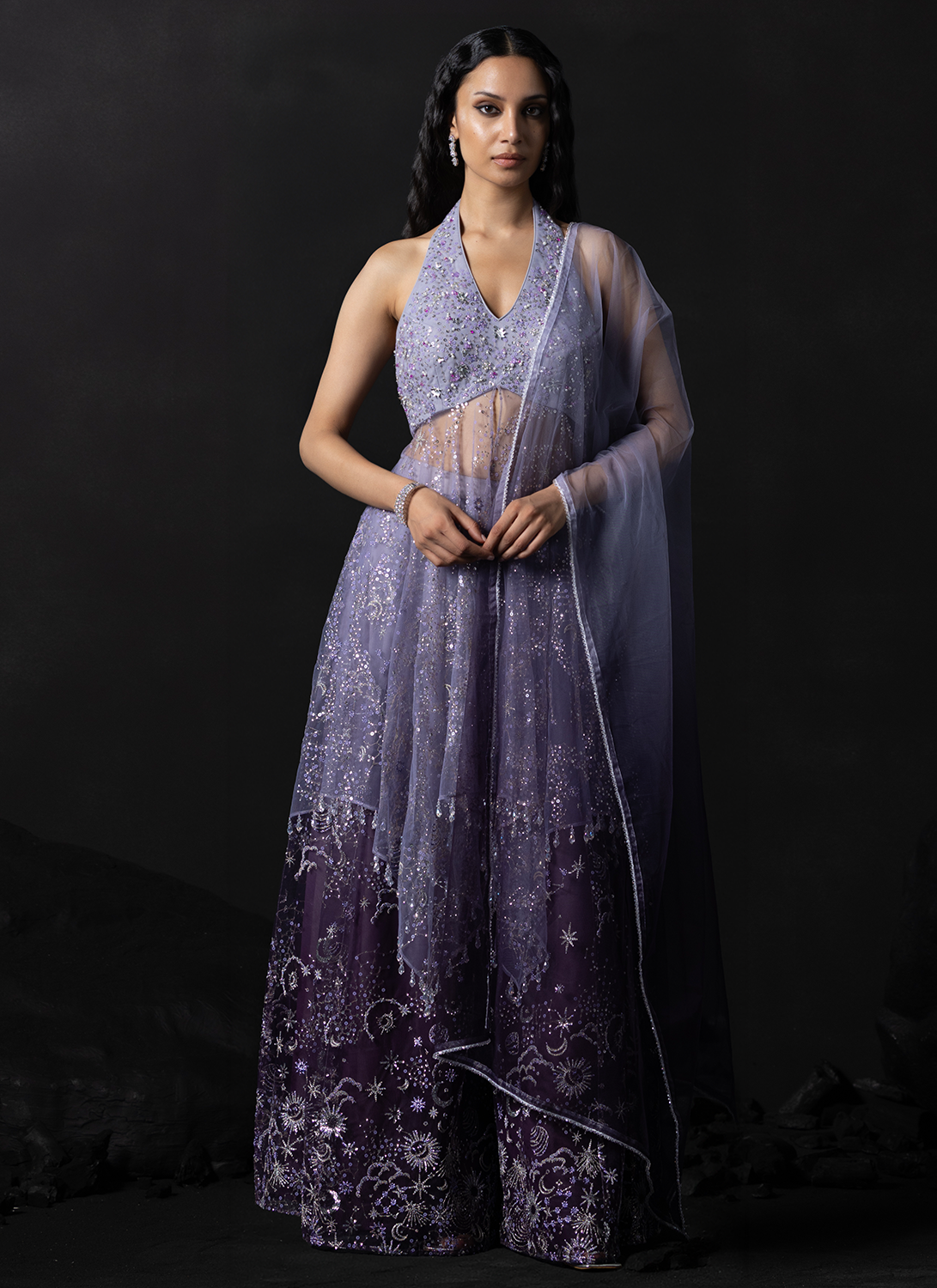 Purple Embroidered Net Sharara
