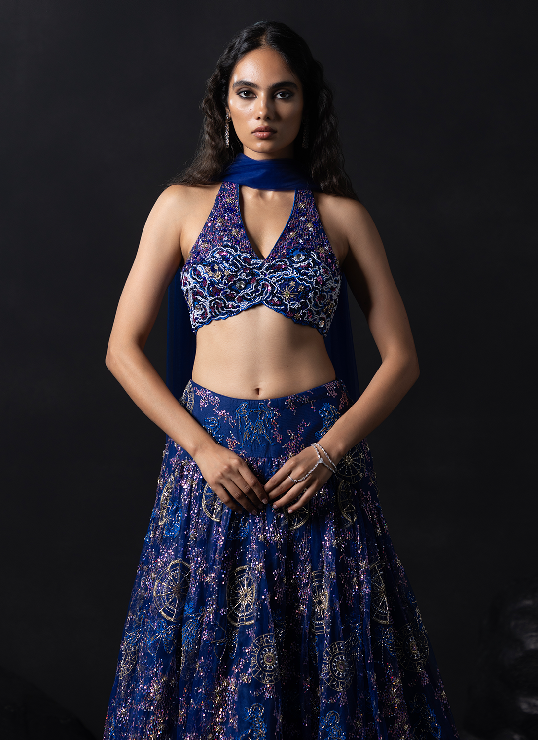 Blue Embroidered Net Lehenga
