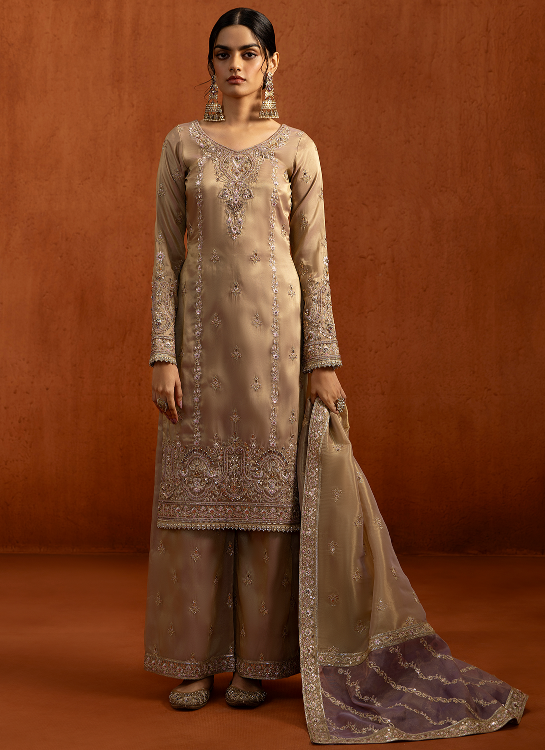 Champagne Gold Embroidered Silk Palazzo Suit