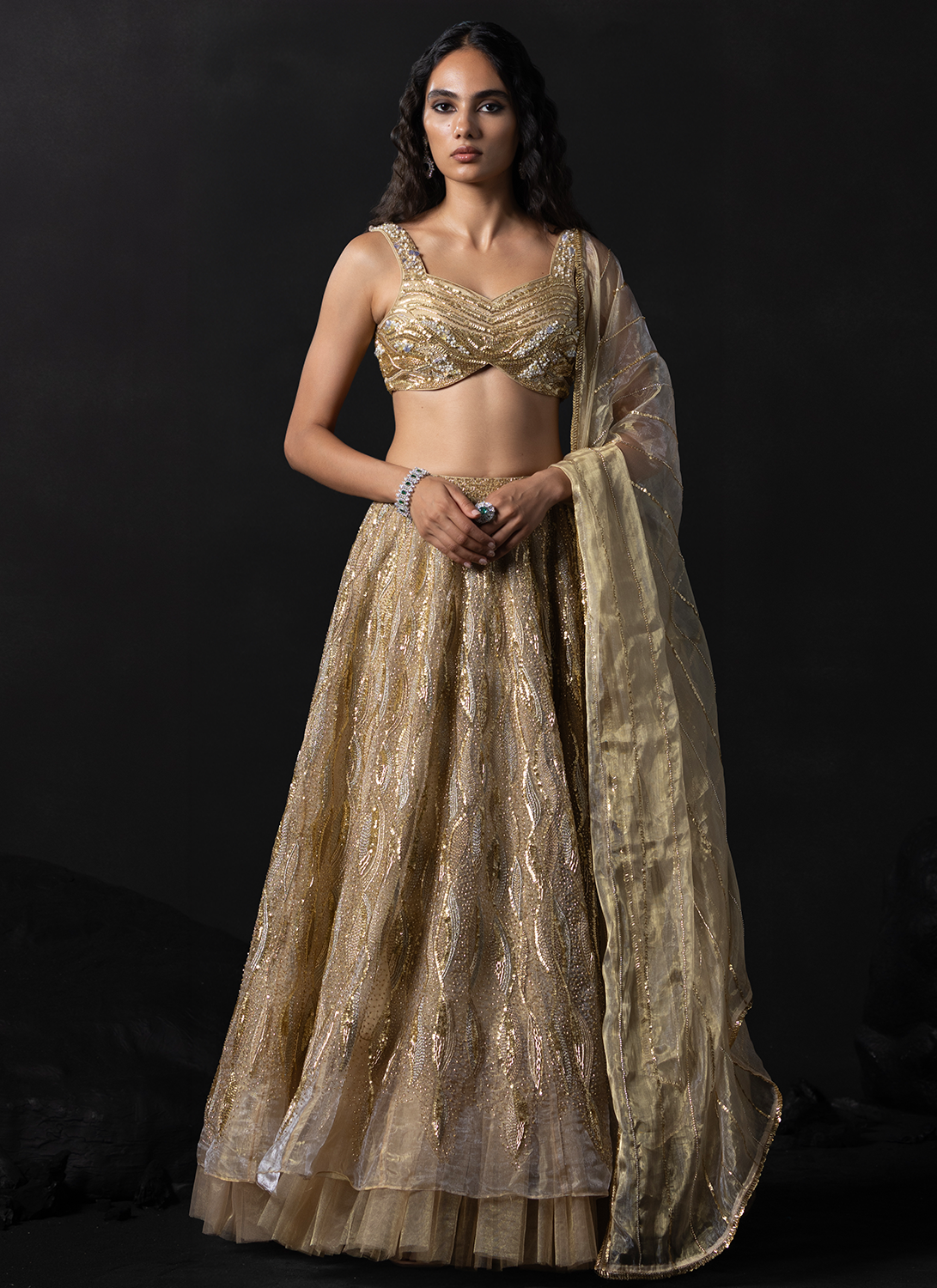 Champagne Gold Embroidered Tissue Lehenga