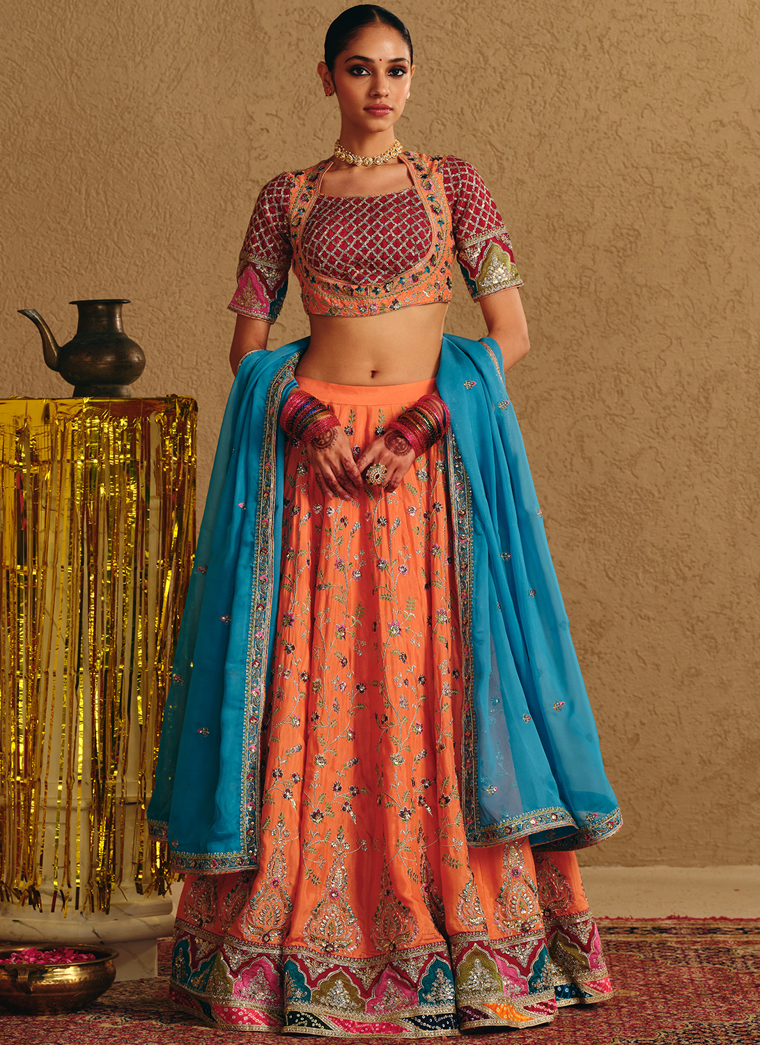 Coral Multicolor Embroidered Viscose Silk Lehenga