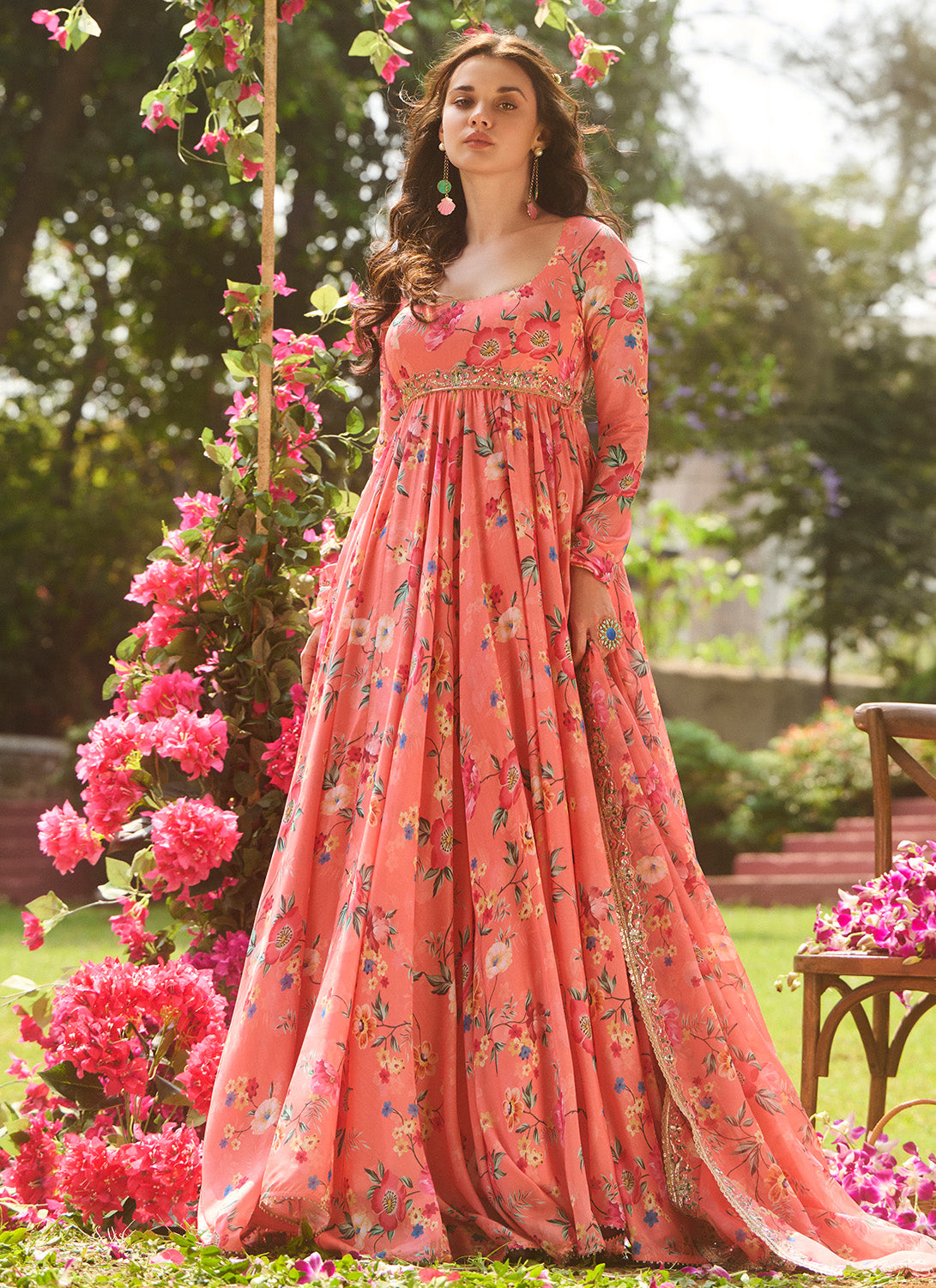 Coral Multicolor Floral Printed Anarkali