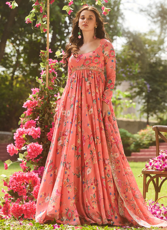 Coral Multicolor Floral Printed Anarkali