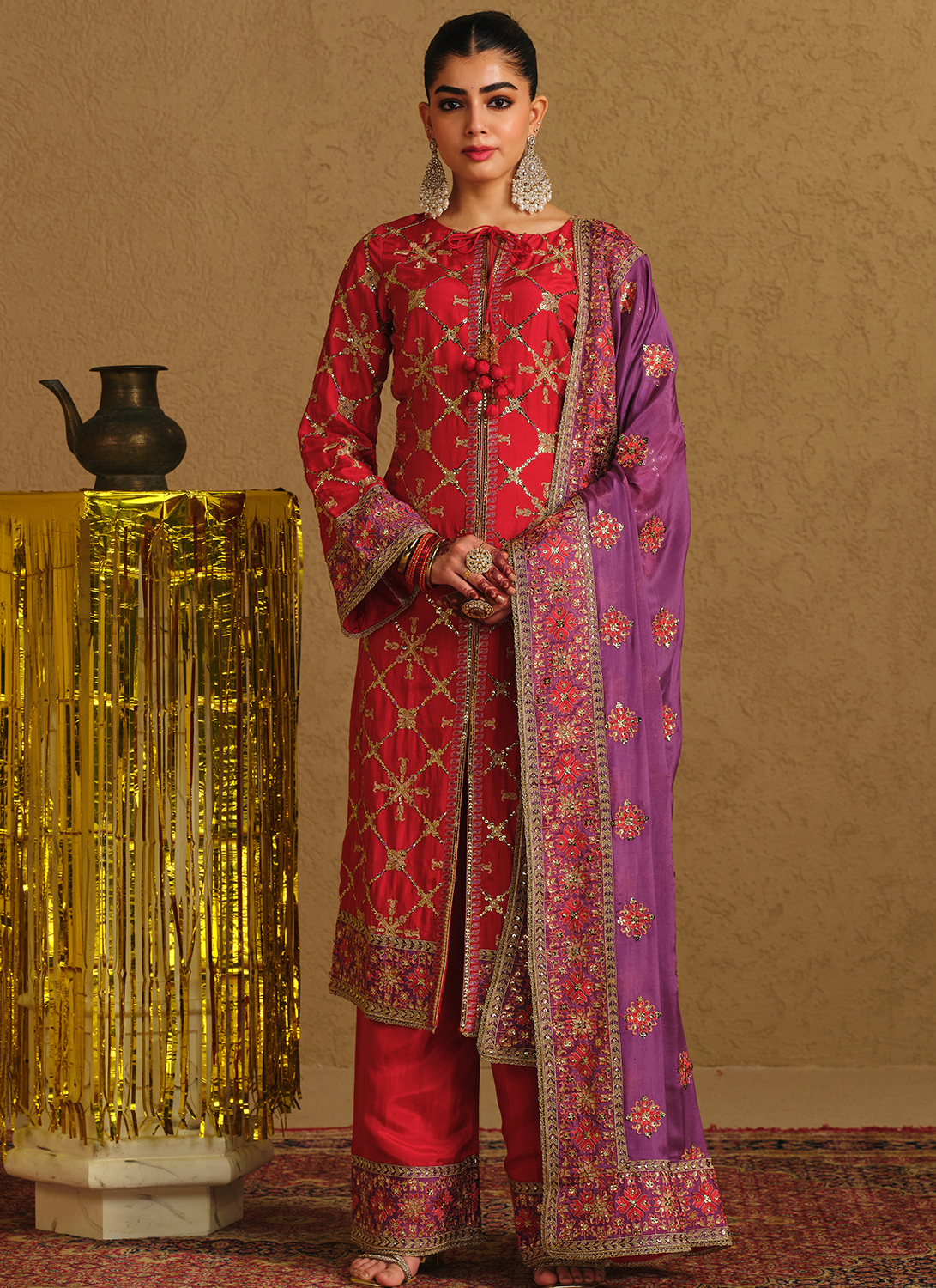 Crimson Embroidered Viscose Silk Straight Palazzo Suit