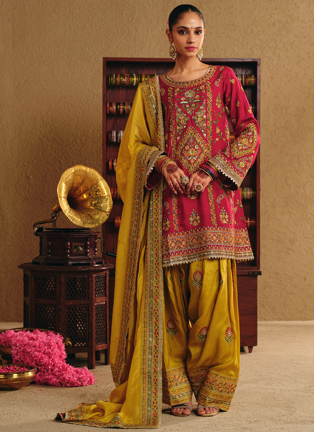 Crimson and Yellow Embroidered Viscose Silk Punjabi Suit
