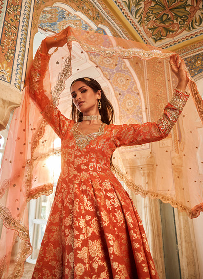 Orange Embroidered Brocade Anarkali