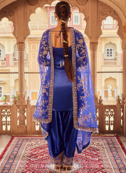 Royal Blue Embroidered Satin Punjabi Suit