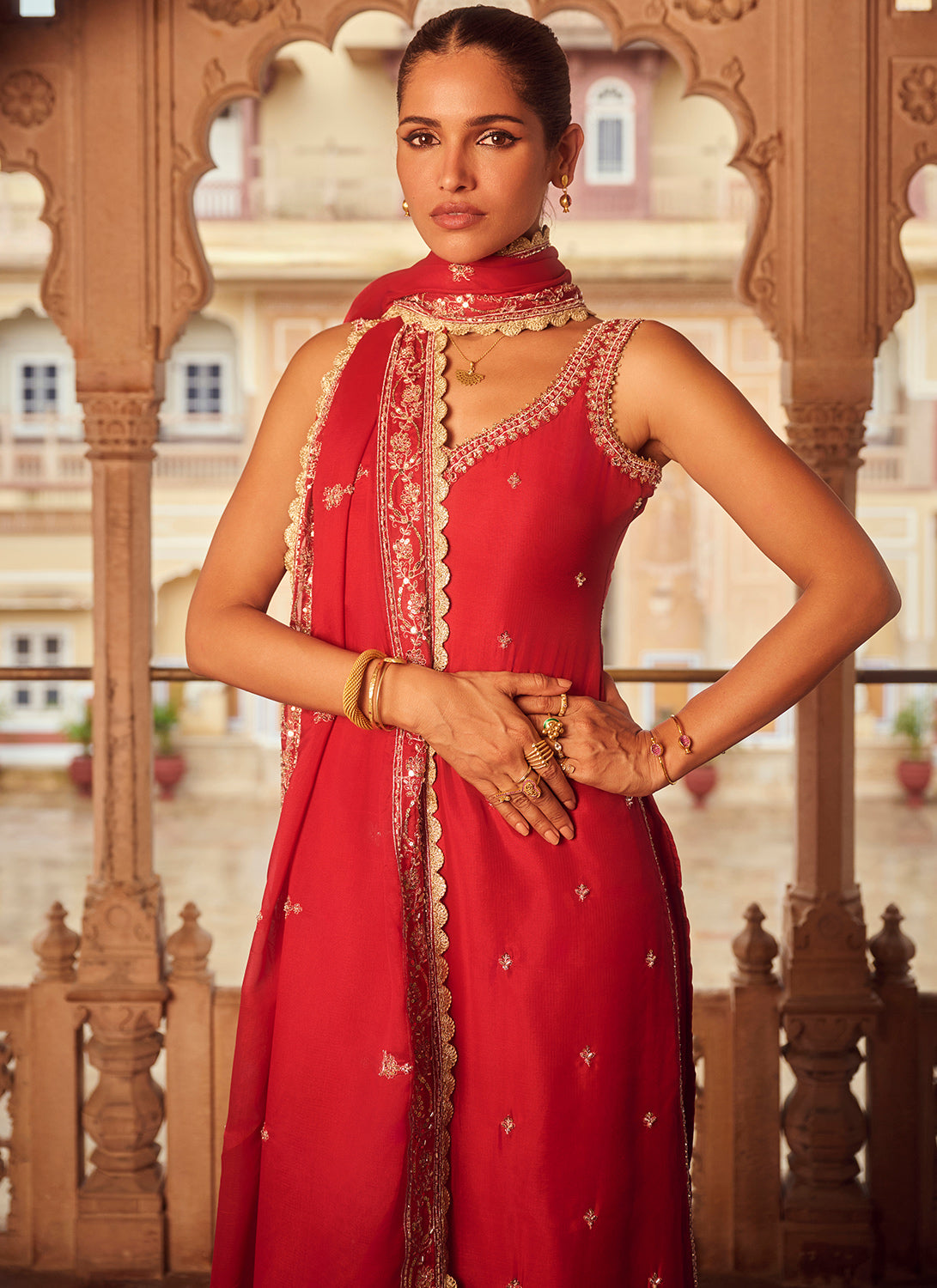 Red Embroidered Organza Straight Suit