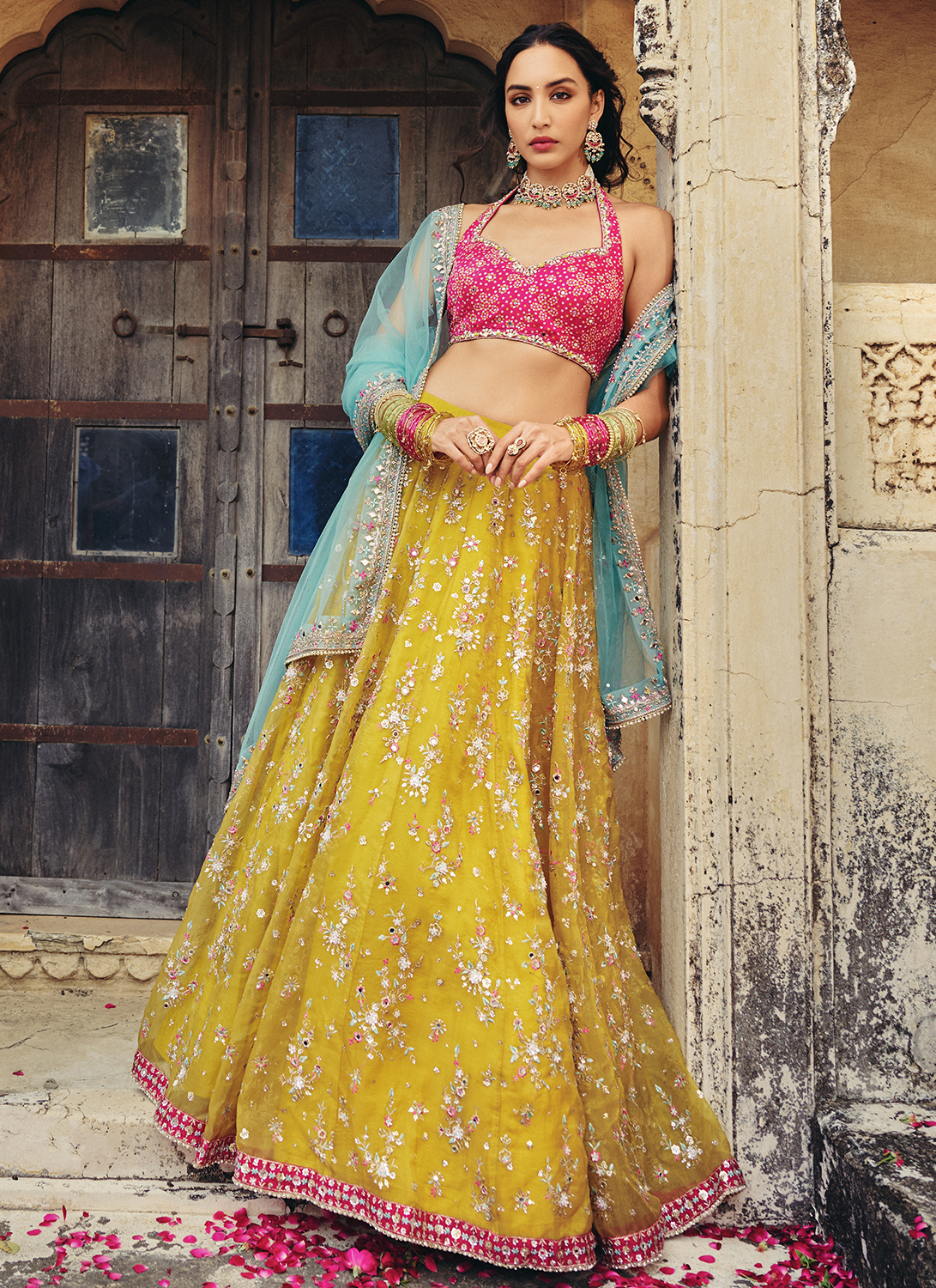 Mustard Multicolor Embroidered Bandhani Lehenga