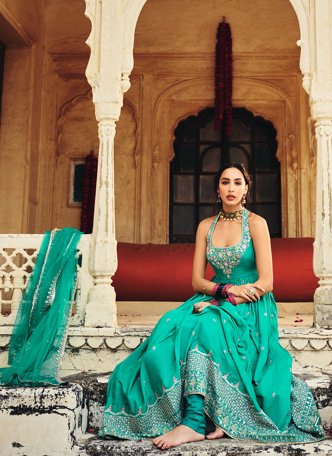Turquoise Blue Embroidered Viscose Silk Anarkali