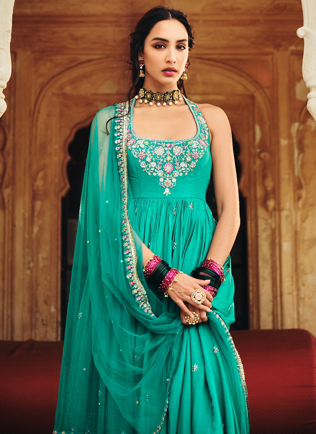 Turquoise Blue Embroidered Viscose Silk Anarkali