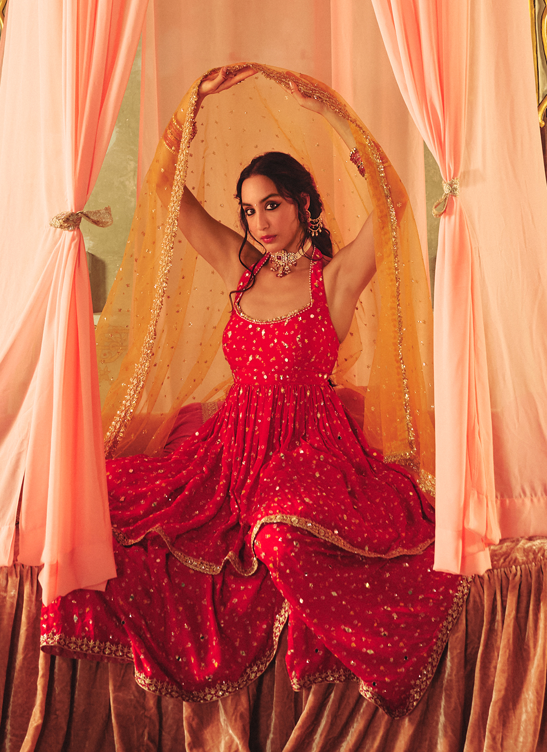 Hot Pink Embroidered Viscose Bandhani Gharara