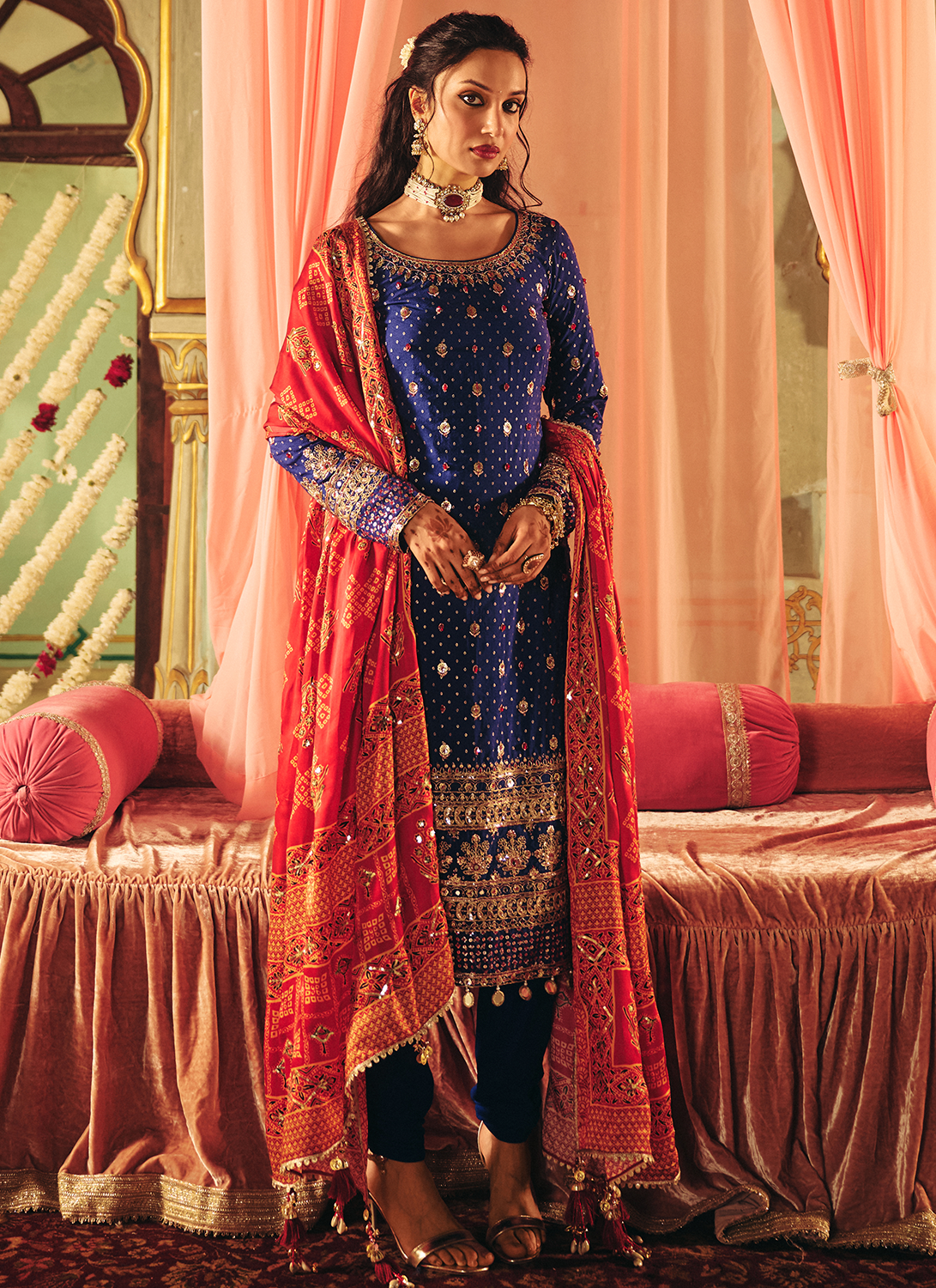 Royal Blue Embroidered Georgette Straight Suit