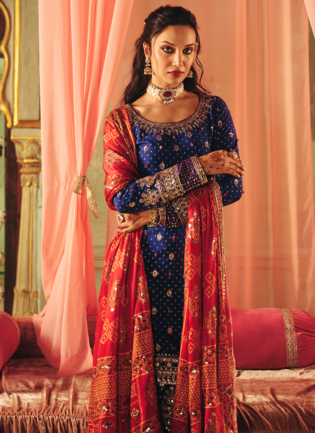 Royal Blue Embroidered Georgette Straight Suit