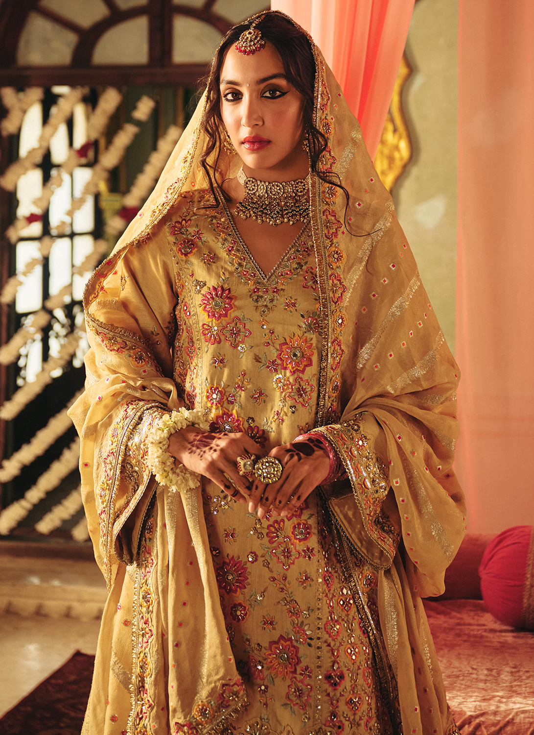 Golden Yellow Embroidered Crepe Punjabi Suit