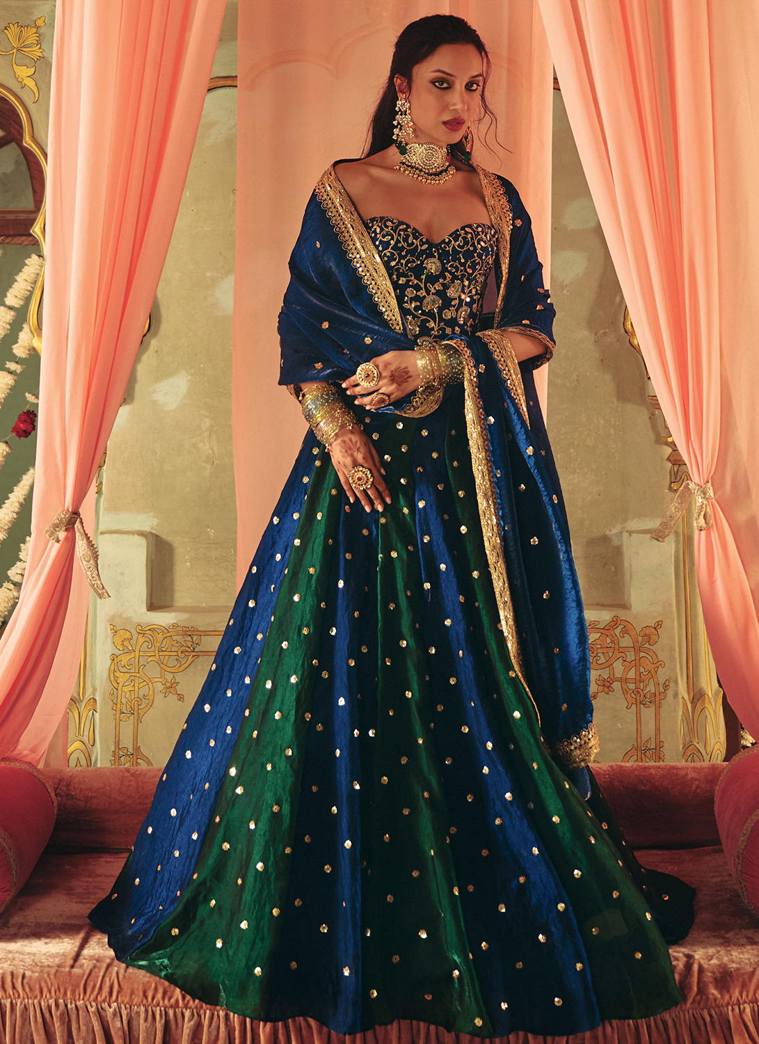 Green and Blue Embroidered Corset Style Lehenga