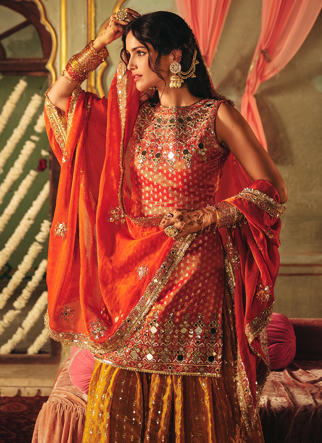 Rust and Mustard Embroidered Brocade Sharara