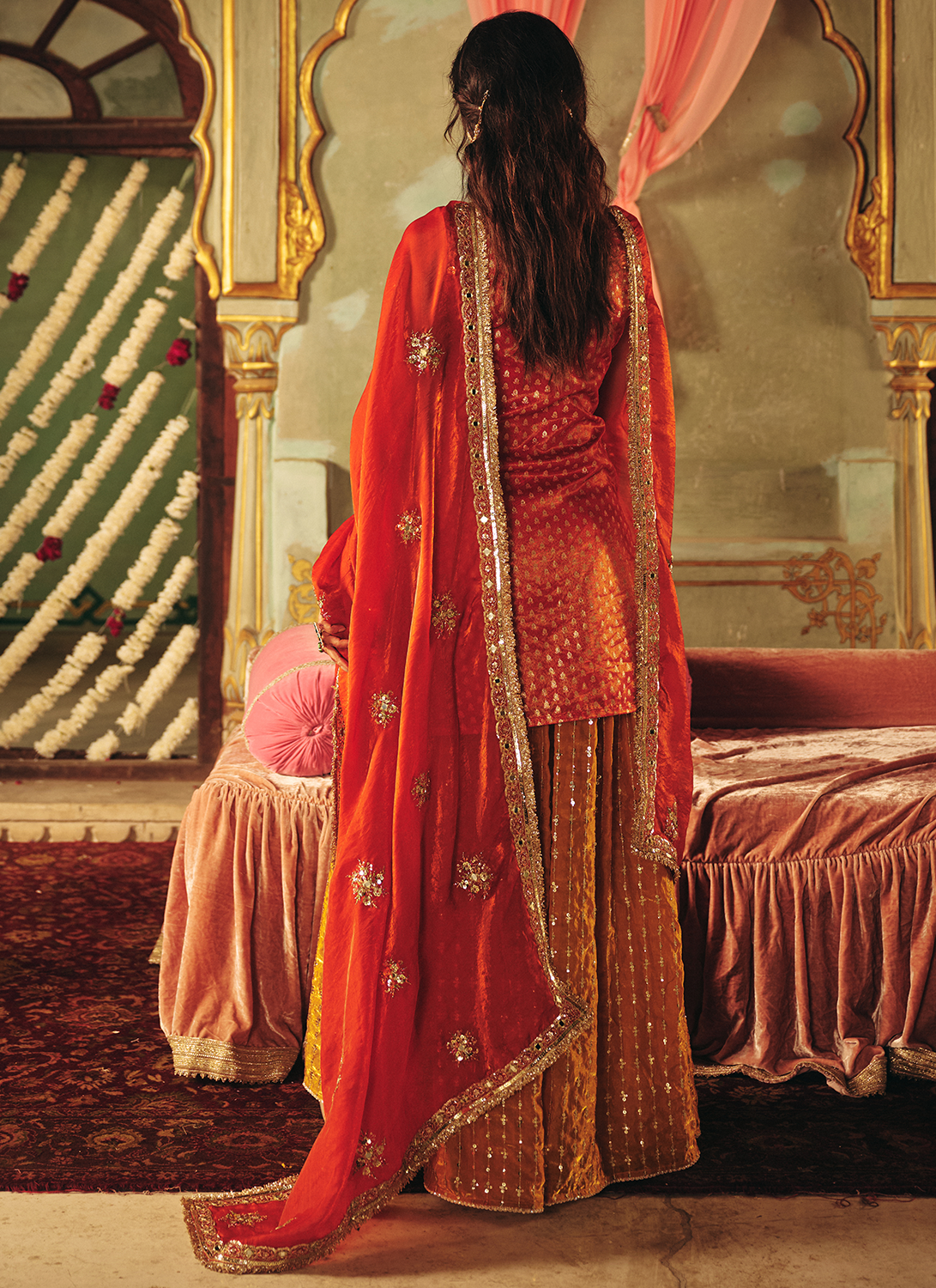 Rust and Mustard Embroidered Brocade Sharara