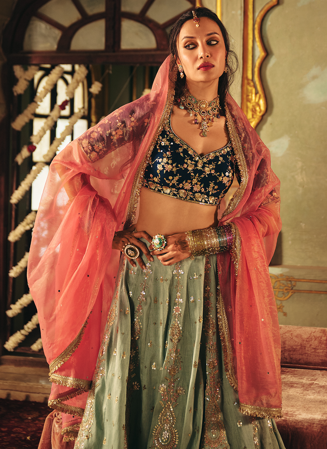 Mint Blue Multicolor Embroidered Silk Lehenga