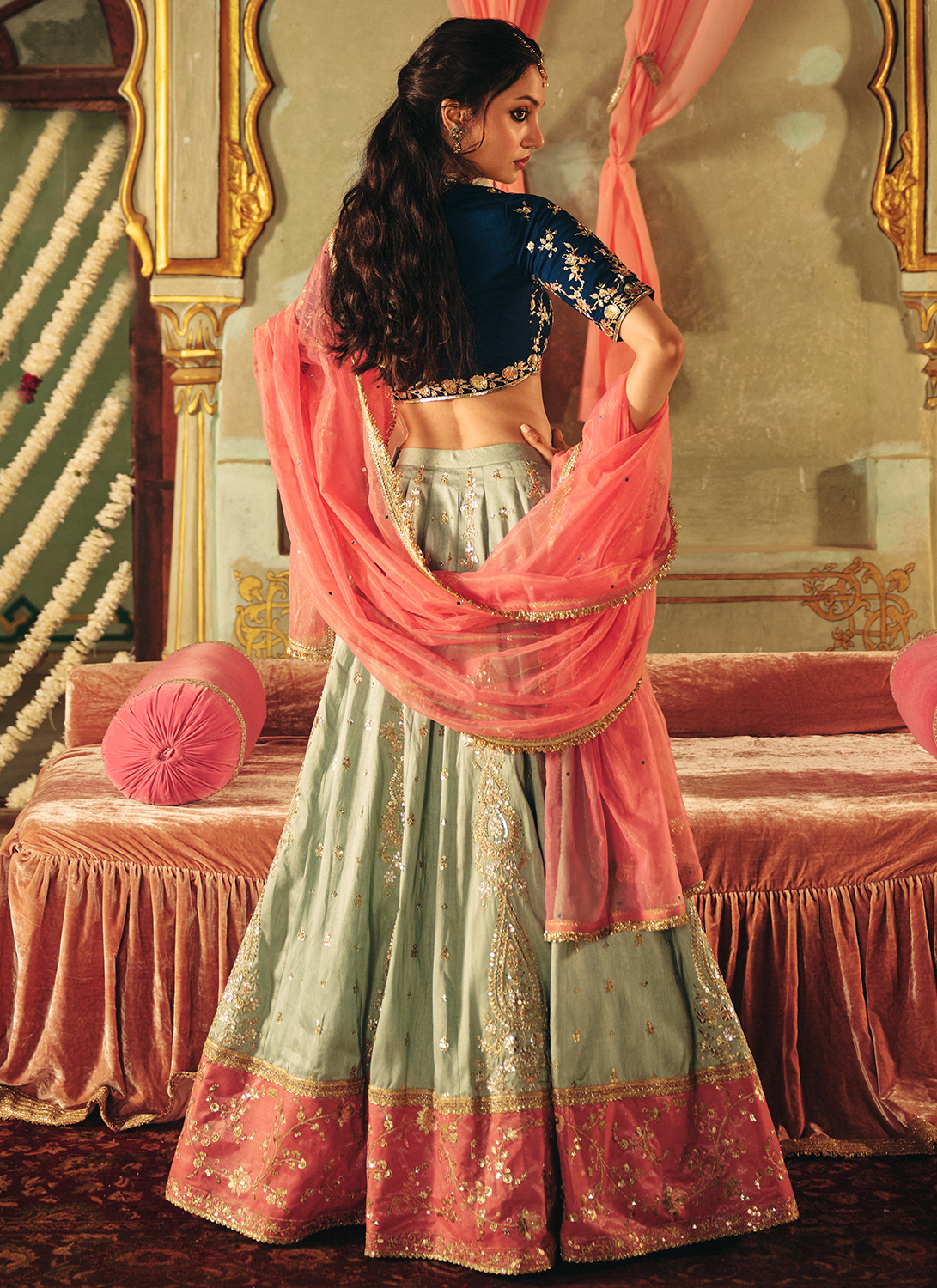 Mint Blue Multicolor Embroidered Silk Lehenga
