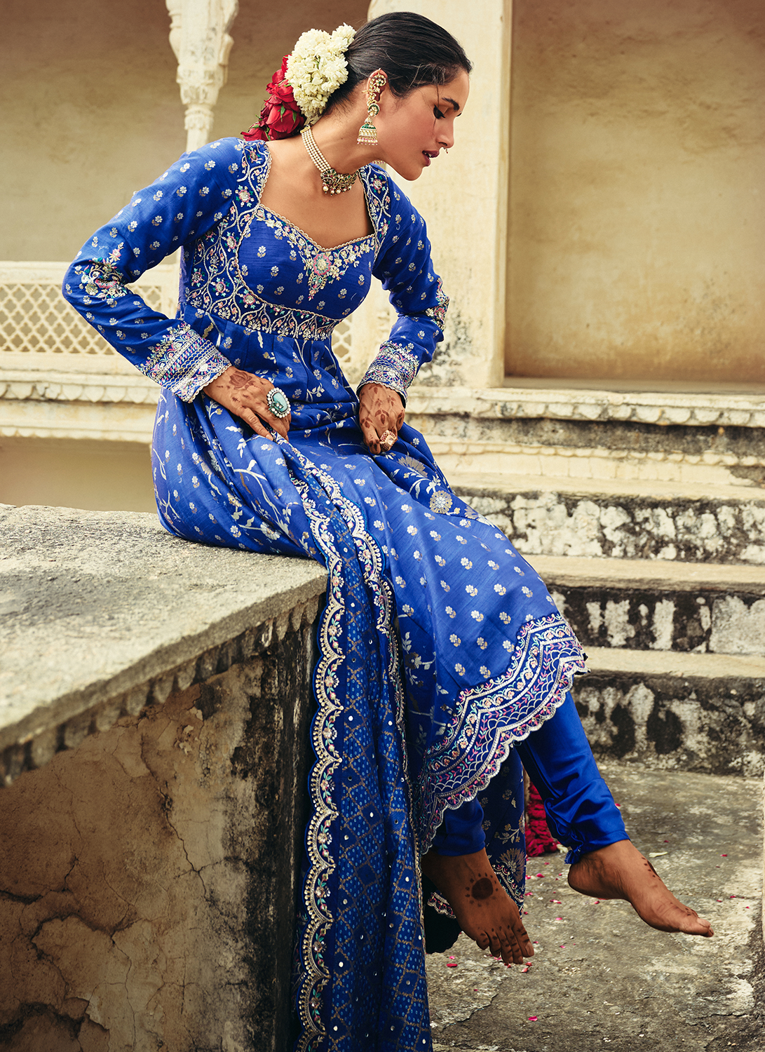 Royal Blue Embroidered Silk Anarkali