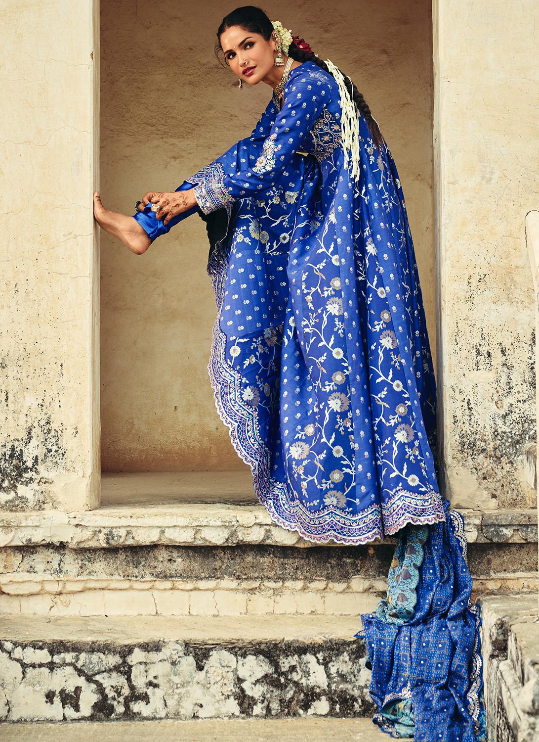 Royal Blue Embroidered Silk Anarkali